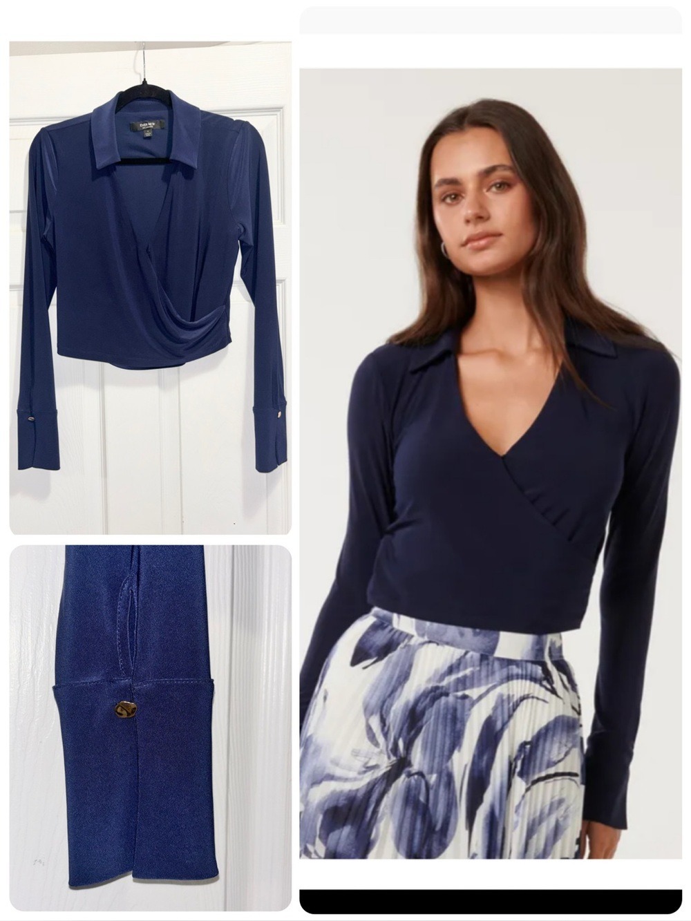 Ever New Matisse Wrap Top Royal Navy Blue Long Sleeves Size Small